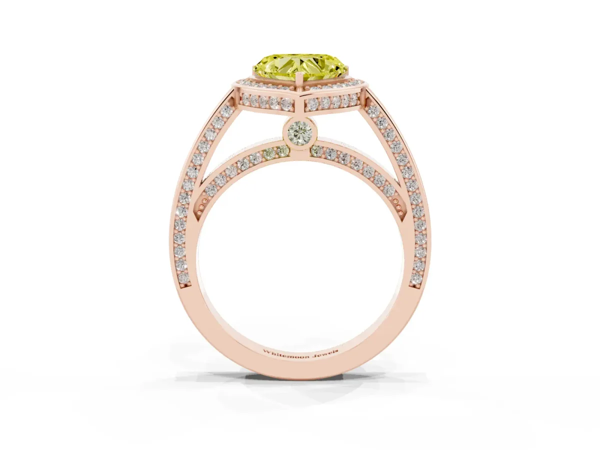 Fancy Yellow Heart Cut Cut Halo Pave Split Shank Prong Setting Ring Rose gold