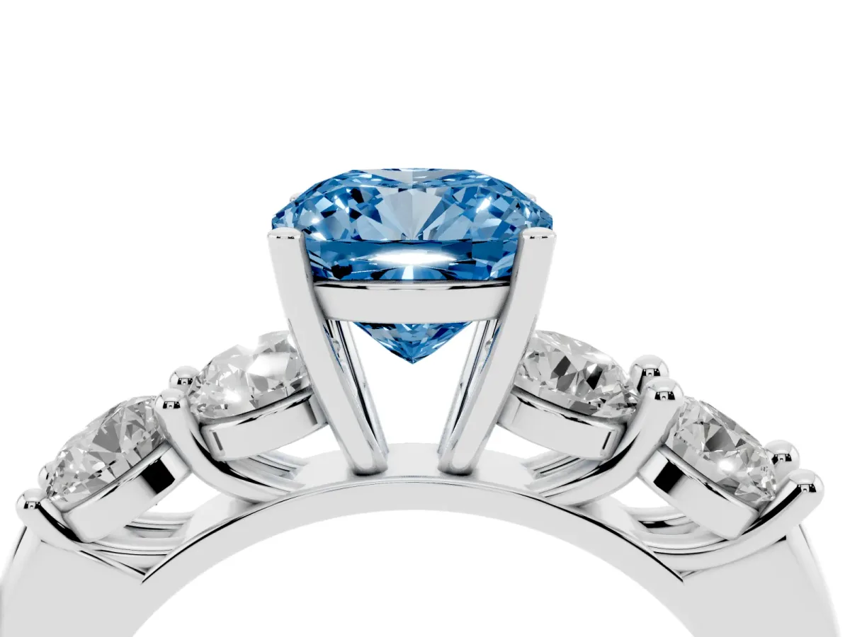 Fancy Blue Cushion Cut Cut Five-Stone Prong Set Diamond Ring with Classic Band Silver