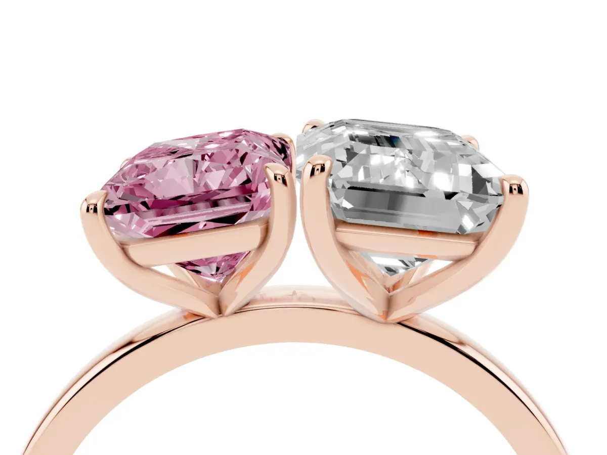 Fancy Pink Radiant Cut and Emerald Cut Toi Moi Ring with Prong Setting Rose gold