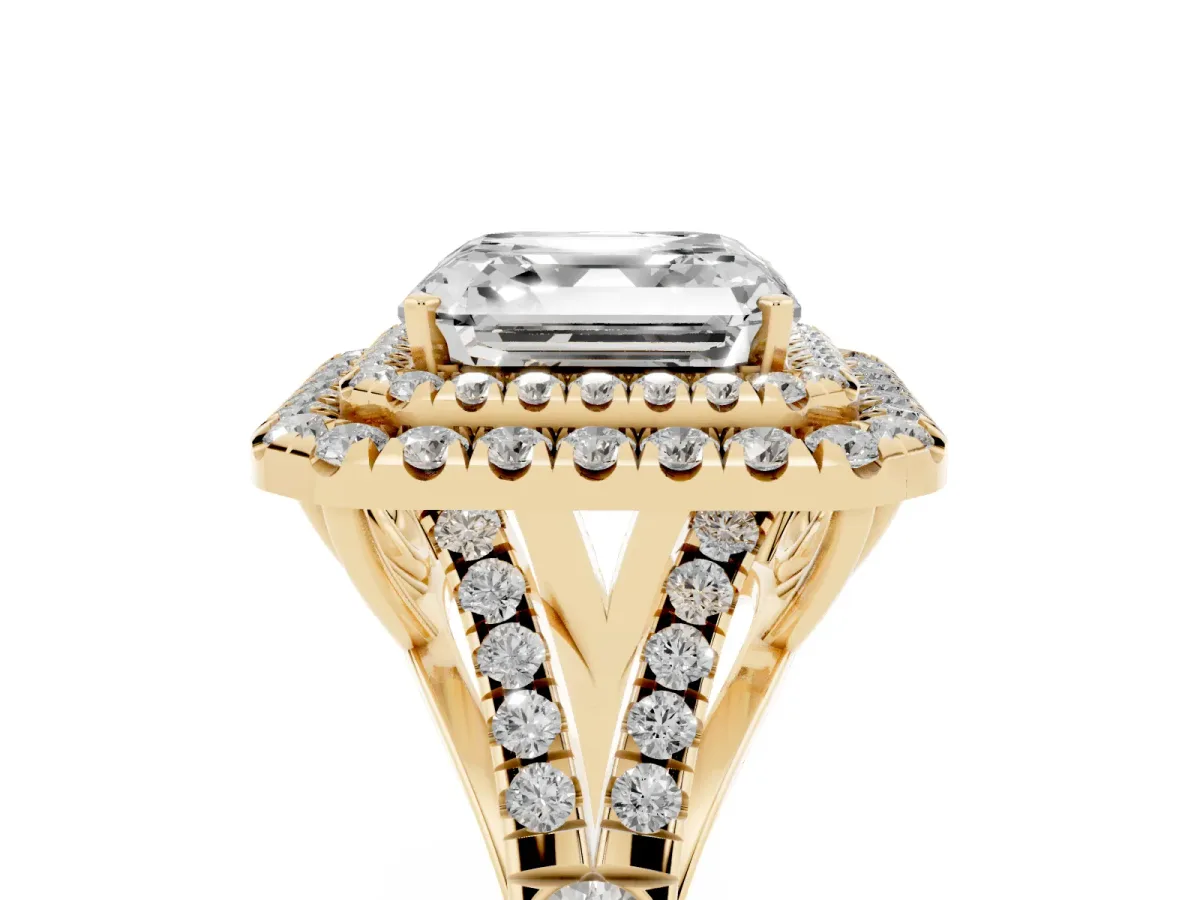 Asscher Cut Cut Double Halo Split Shank Diamond Ring with Prong Setting Yellow gold