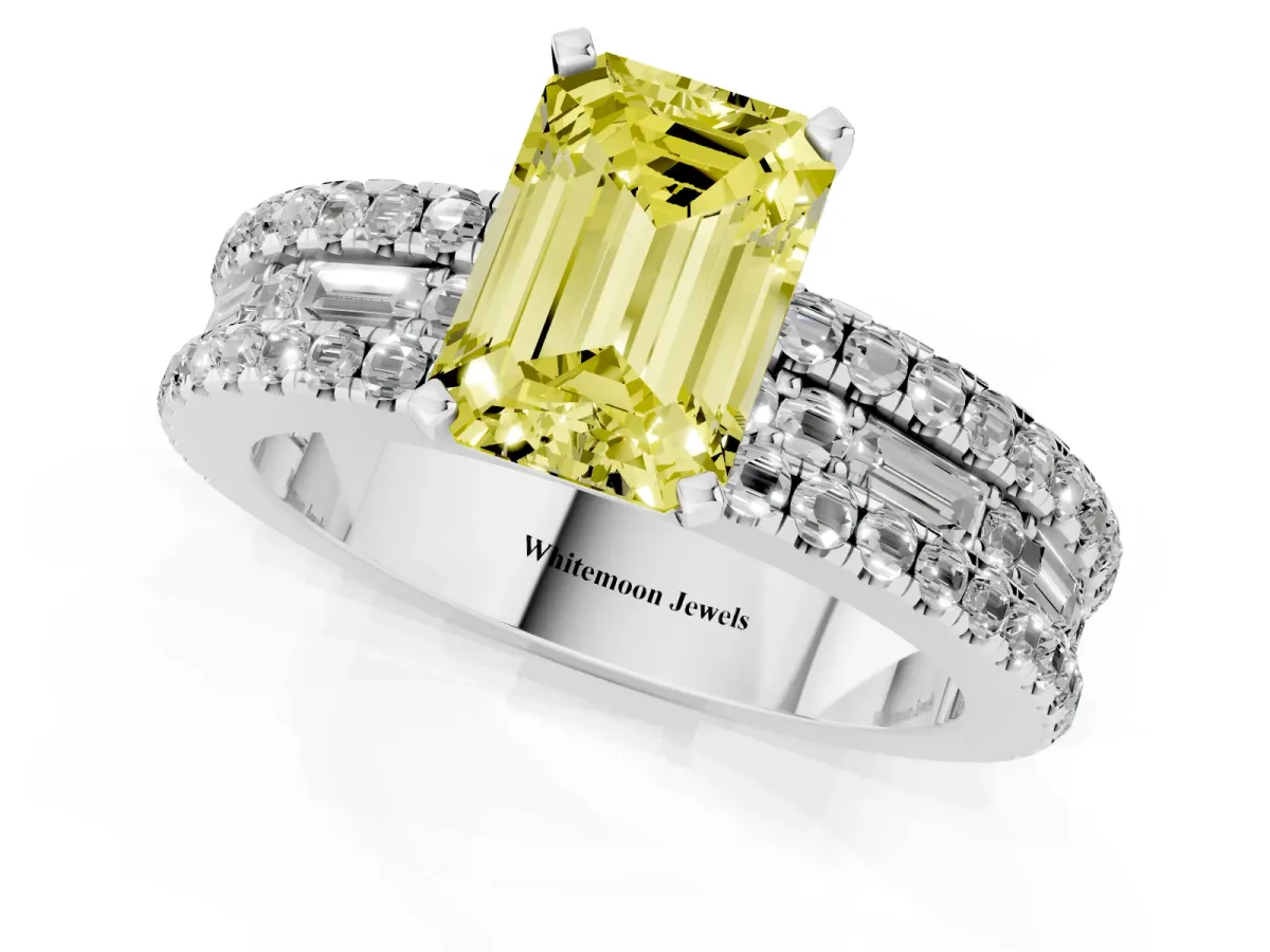 Fancy Yellow Emerald Cut Diamond Solitaire Ring with Pavé and Channel Set Band Silver
