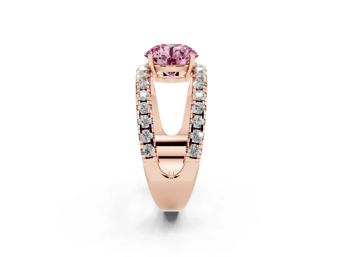 Fancy Pink Round Cut Solitaire Split Shank Pave Diamond Ring Rose gold