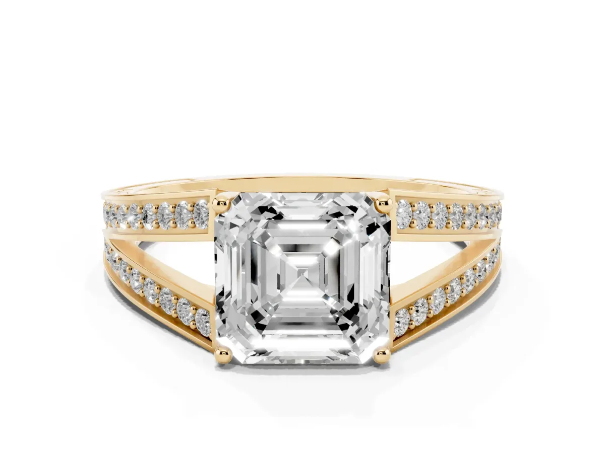 Asscher Cut Diamond Split Shank Ring with Pavé Band and Four-Prong Setting Yellow gold