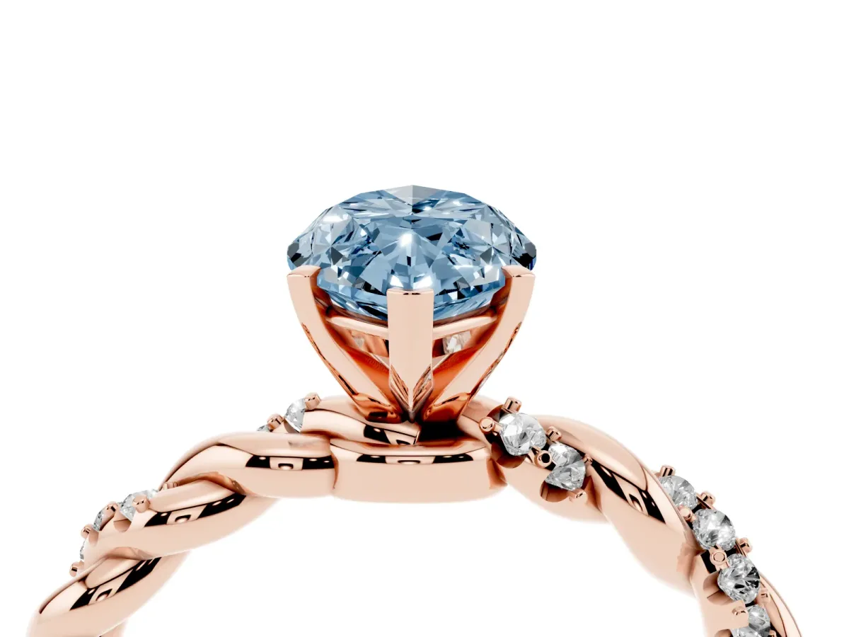 Fancy Blue Marquise Cut Diamond Solitaire Ring with Twisted Band and Pavé Accents Rose gold