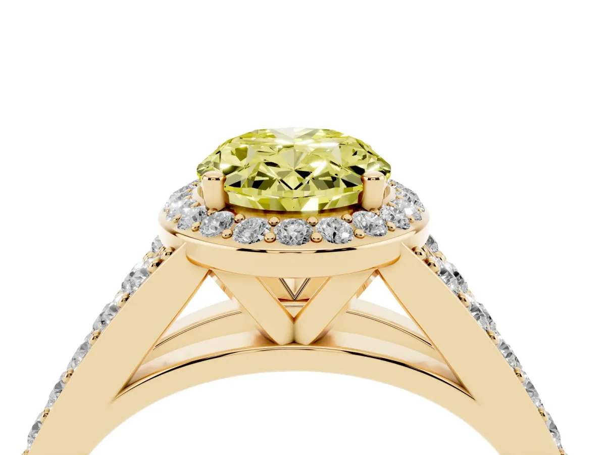 Fancy Yellow Oval Cut Diamond Split Shank Halo Ring with Four-Prong Setting Yellow gold