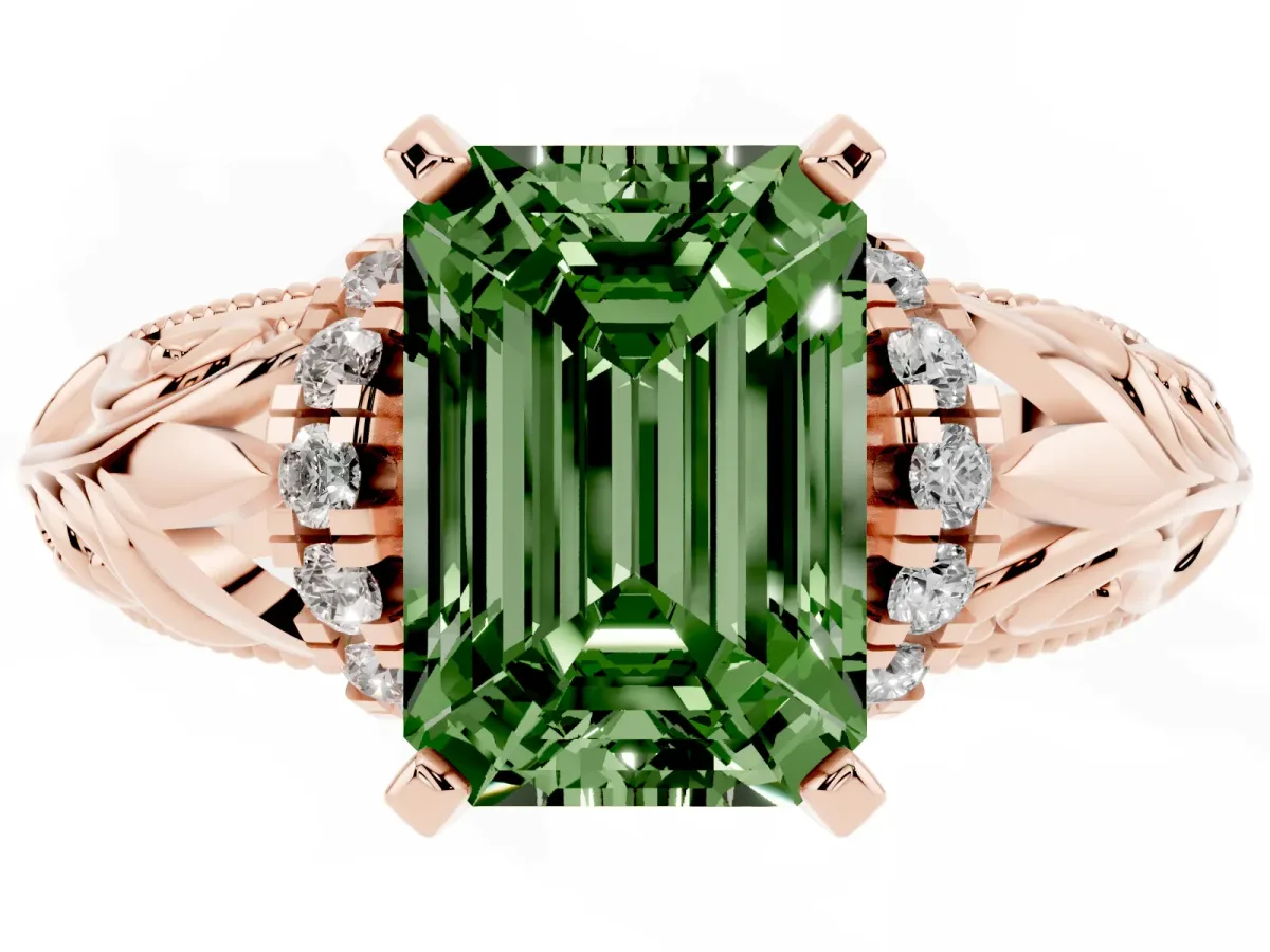 Fancy Green Emerald Cut Solitaire Filigree Engagement Ring with Halo and Prong Setting Rose gold