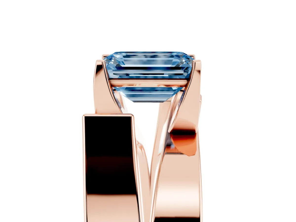 Fancy Blue Modern Tension Set Emerald Cut Diamond Solitaire Wide Band Ring Rose gold