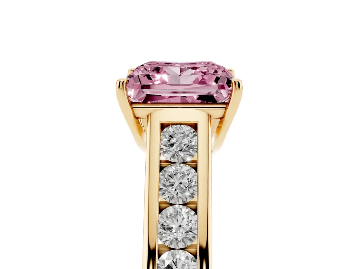 Fancy Pink Princess Cut Solitaire Channel-Set Diamond Engagement Ring with Four-Prong Setting Yellow gold
