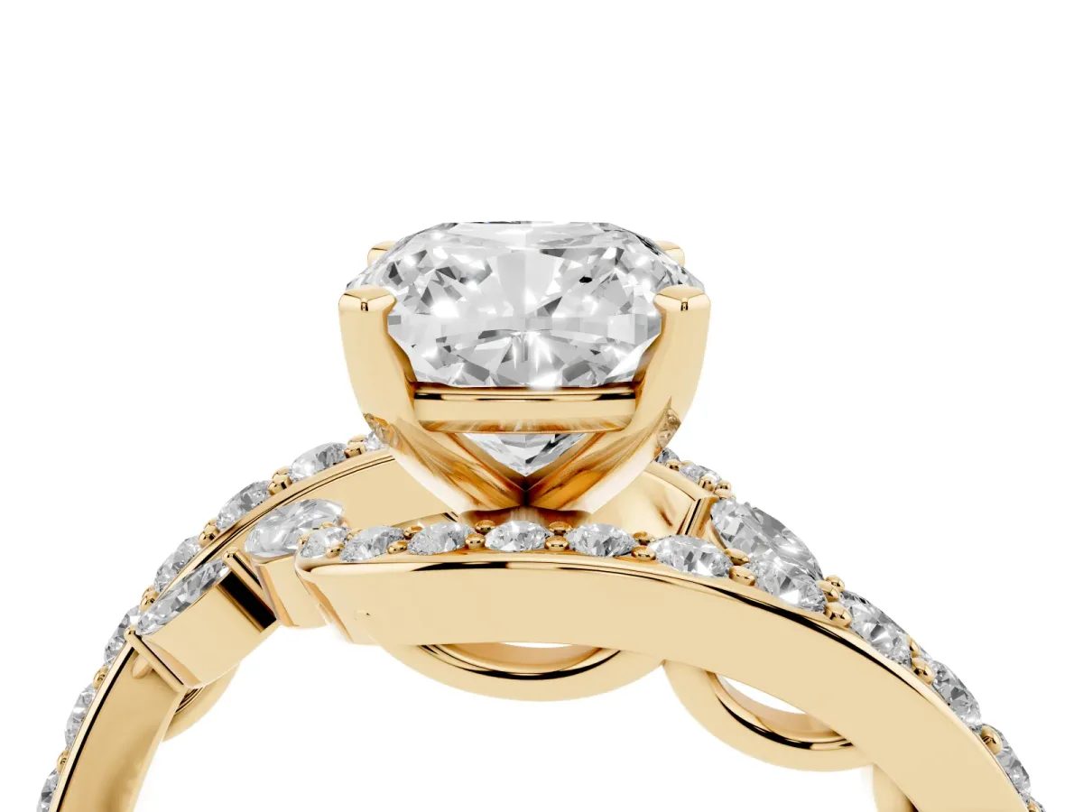 Cushion Cut Solitaire with Pavé Twist Band and Four-Prong Setting Yellow gold