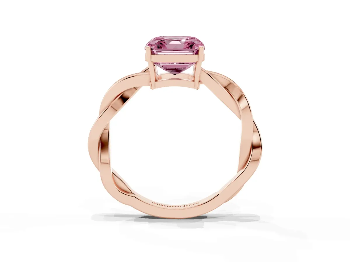 Fancy Pink Asscher Cut Solitaire Twisted Pave Diamond Ring with Four-Prong Setting Rose gold