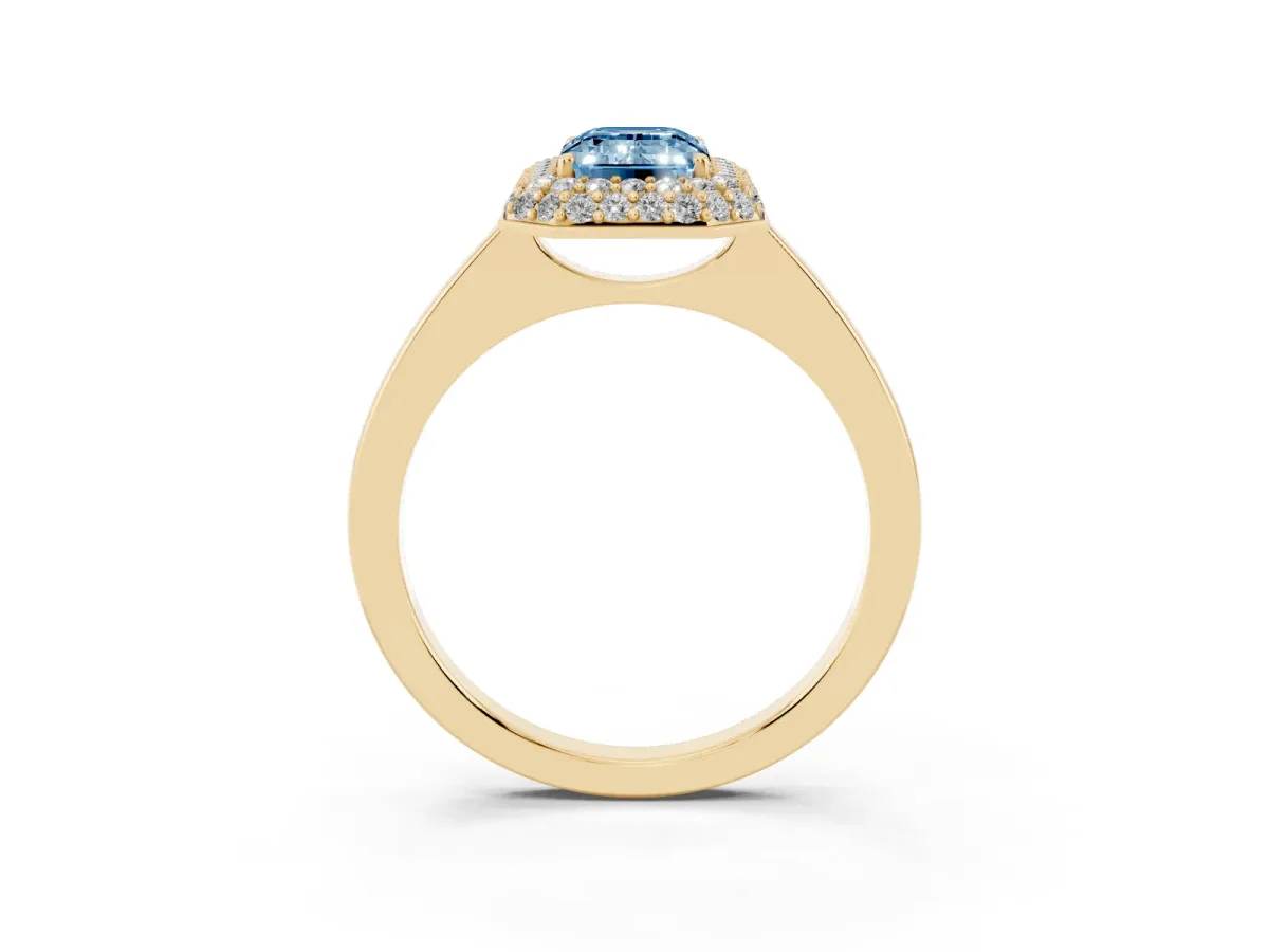 Fancy Blue Emerald Cut Halo Diamond Engagement Ring with Solitaire Band and Four-Prong Setting Yellow gold