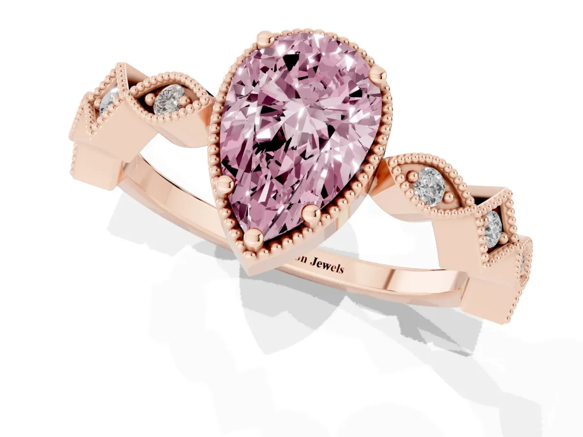 Fancy Pink Pear Cut Milgrain Marquise Diamond Twist Band Ring Rose gold