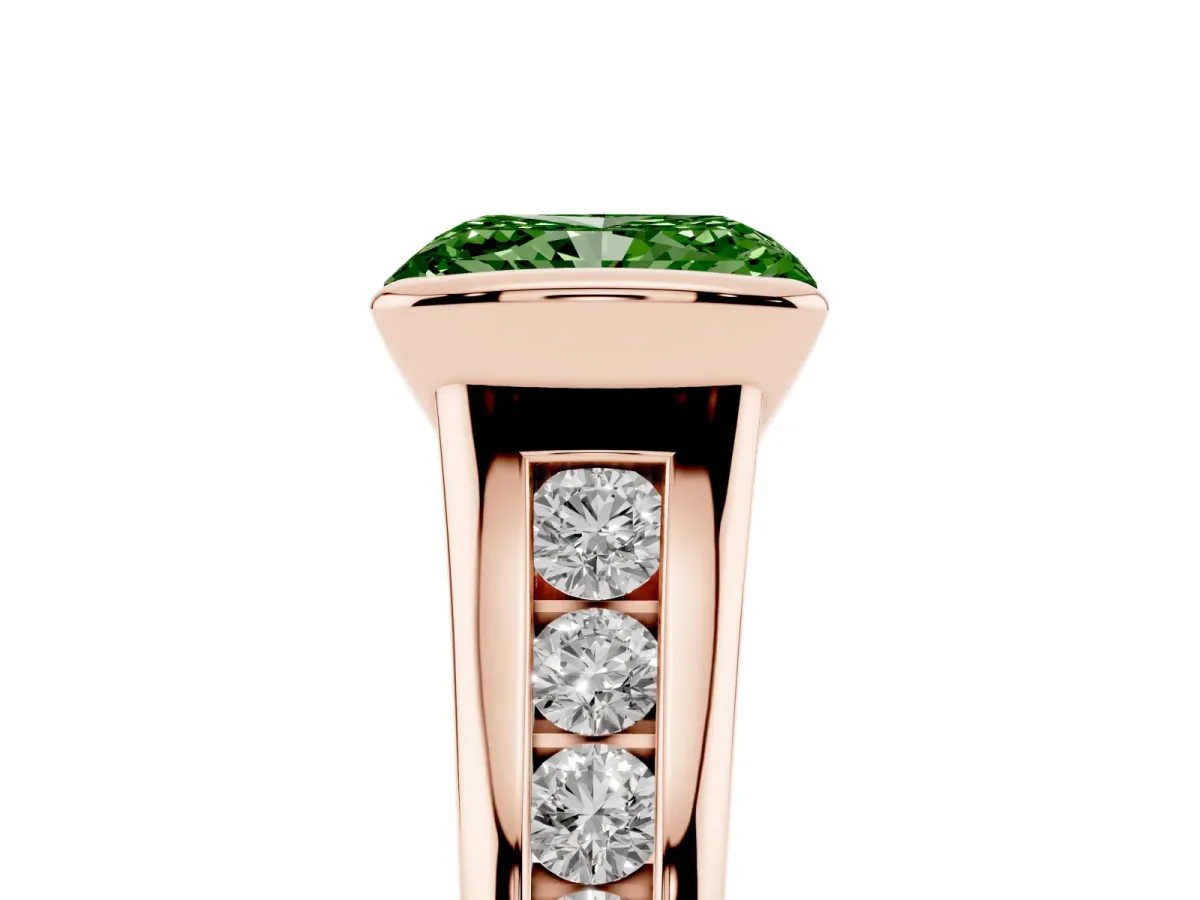 Fancy Green Radiant Cut Solitaire Bezel-Set Diamond Ring with Channel-Set Band Rose gold