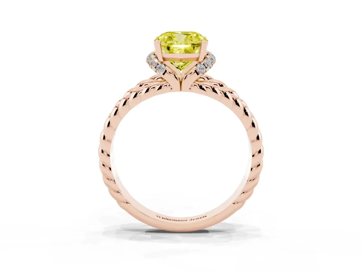 Fancy Yellow Cushion Cut Halo Twisted Band Four-Prong Ring Rose gold
