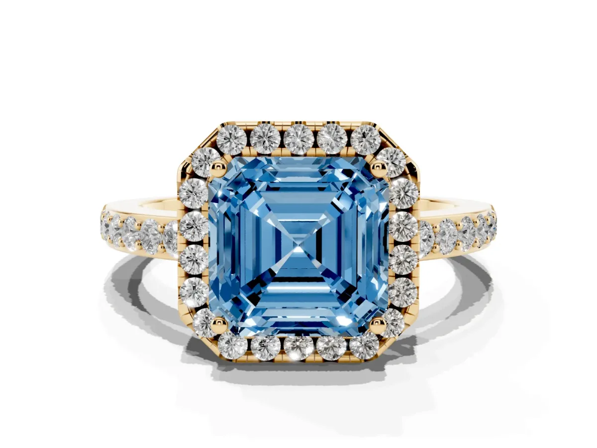 Fancy Blue Asscher Cut Halo Diamond Pavé Band Ring with Prong Setting Yellow gold