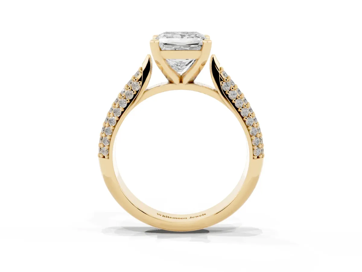 Princess Cut Diamond Solitaire Engagement Ring with Multi-Row Round Pavé Band and Prong Setting Yellow gold
