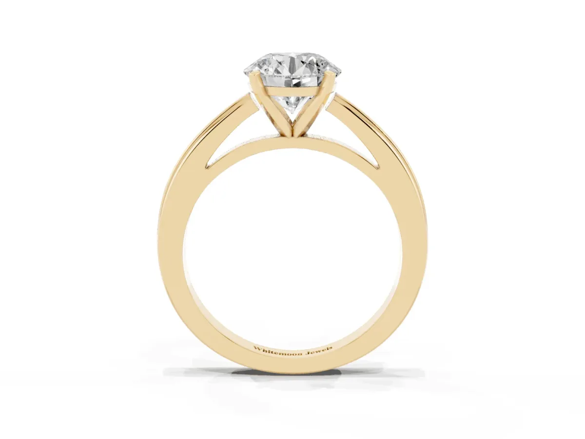 Round Cut Solitaire Diamond Ring with Four-Prong Setting and Classic Band Yellow gold