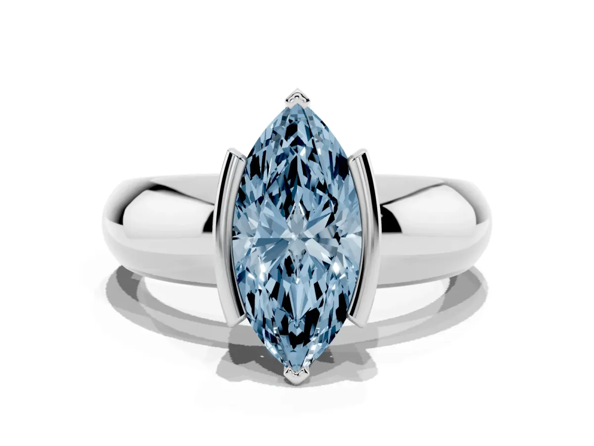 Fancy Blue Marquise Cut Solitaire Tension Set Diamond Ring with Wide Band Silver