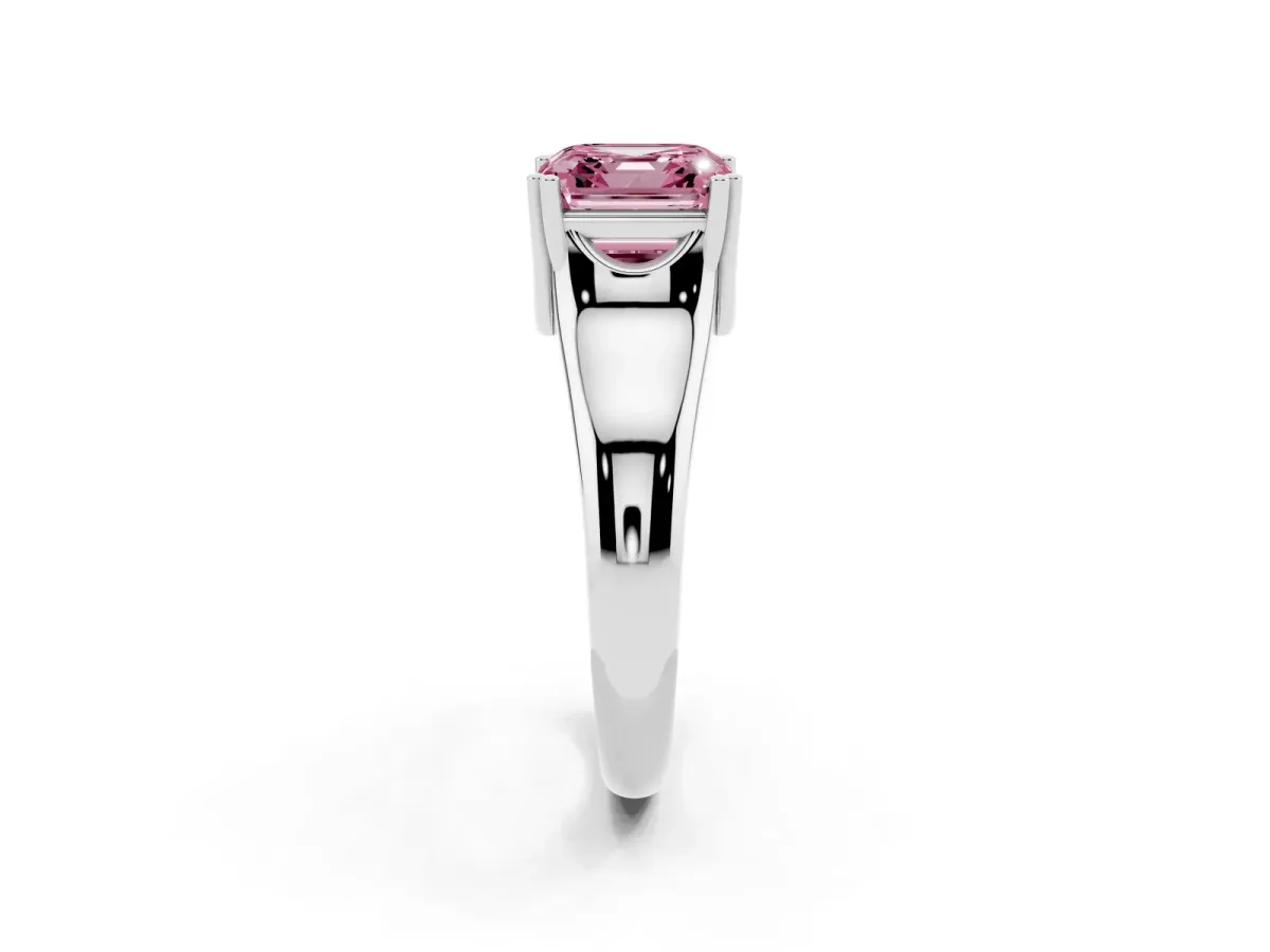 Fancy Pink Asscher Cut Diamond Solitaire Ring with Wide Band and Prong Setting Platinum