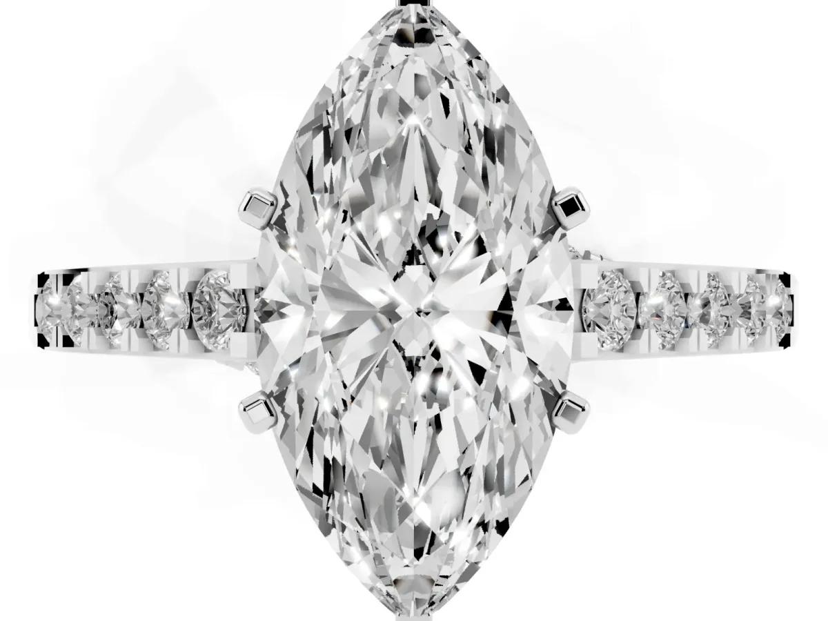 Marquise Cut Diamond Solitaire Ring with Crossover Gallery and Round Pavé Band Platinum