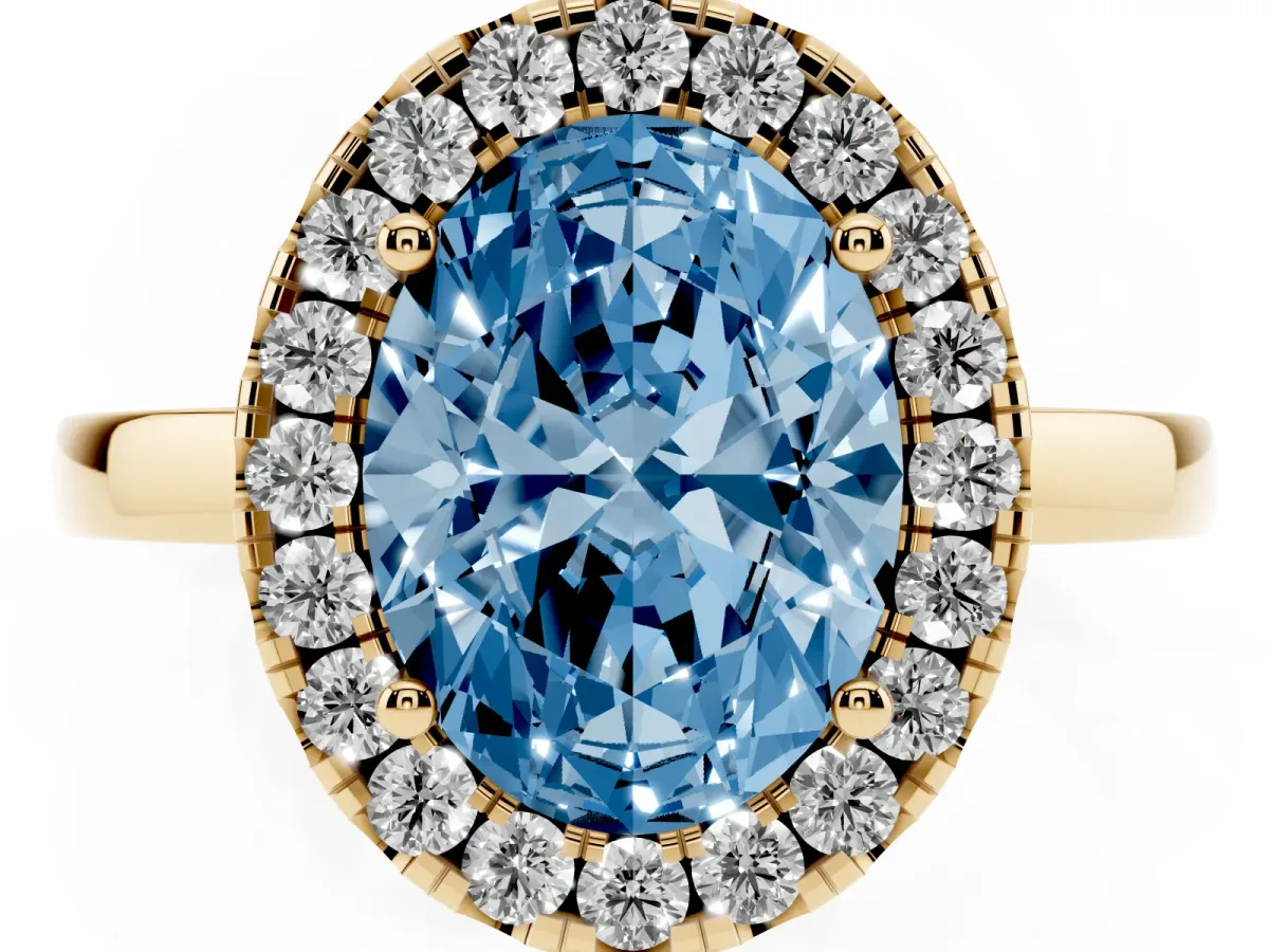 Fancy Blue Oval Cut Halo Diamond Solitaire with Pavé Band and Four-Prong Setting Yellow gold