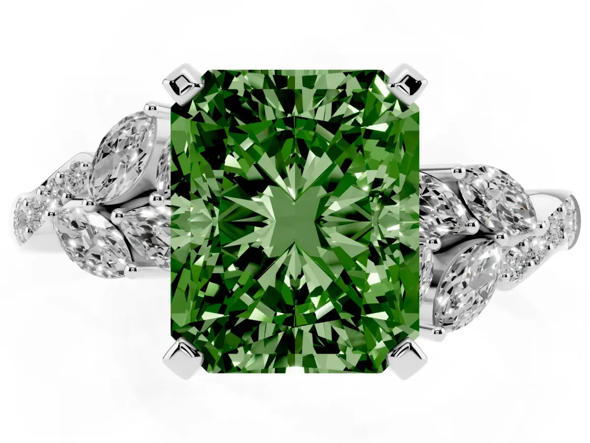 Fancy Green Radiant Cut Solitaire Marquise Twist Band with Six-Prong Setting Silver