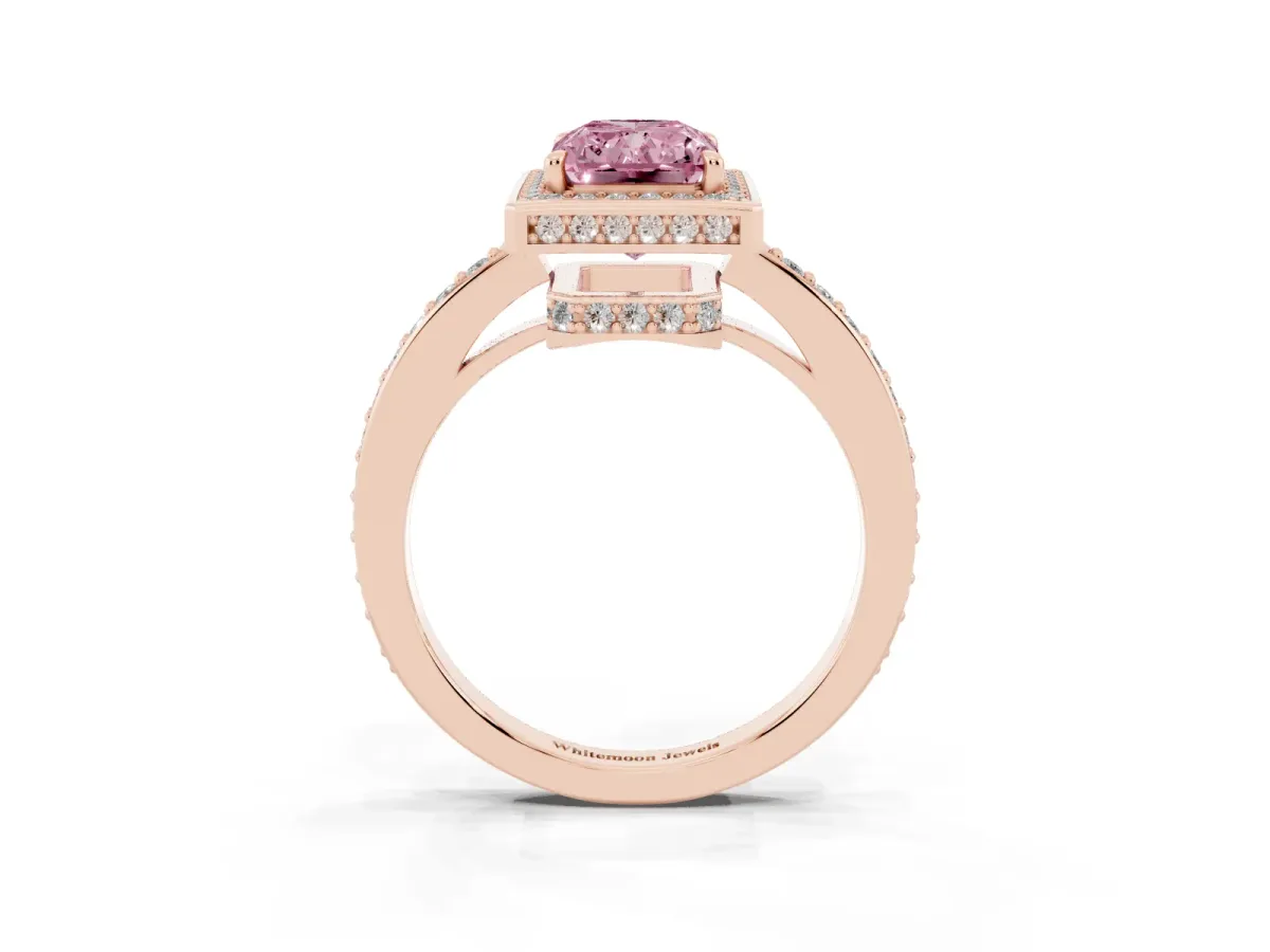 Fancy Pink Radiant Cut Halo Pave Band Solitaire Ring with Prong Setting Rose gold