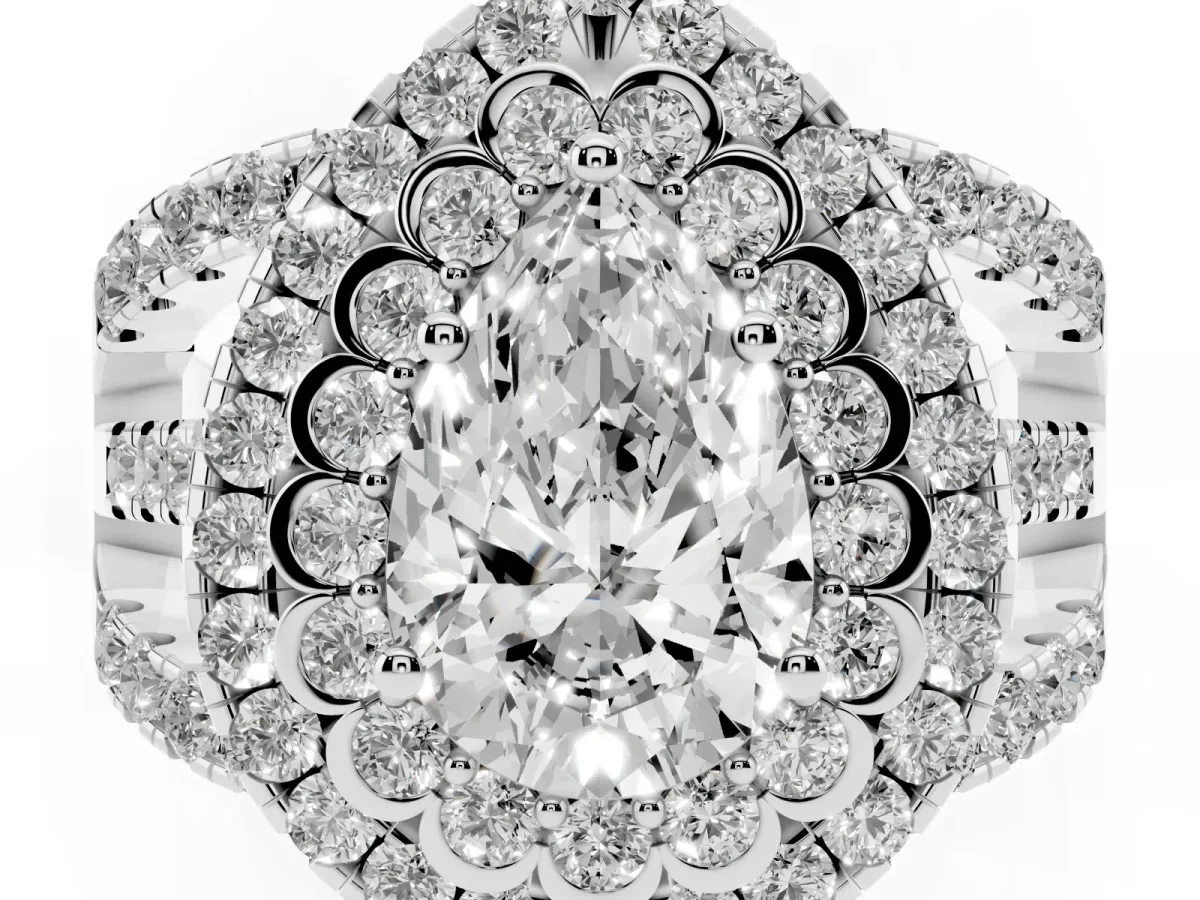 Pear Cut Diamond Double Halo Ring with Round Pavé Split Shank and Prong Setting Silver