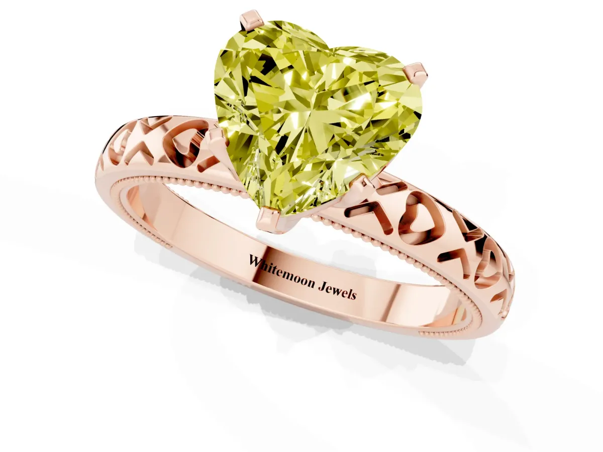 Fancy Yellow Heart Cut Solitaire Diamond Engagement Ring with XO Engraved Band and Four-Prong Setting Rose gold