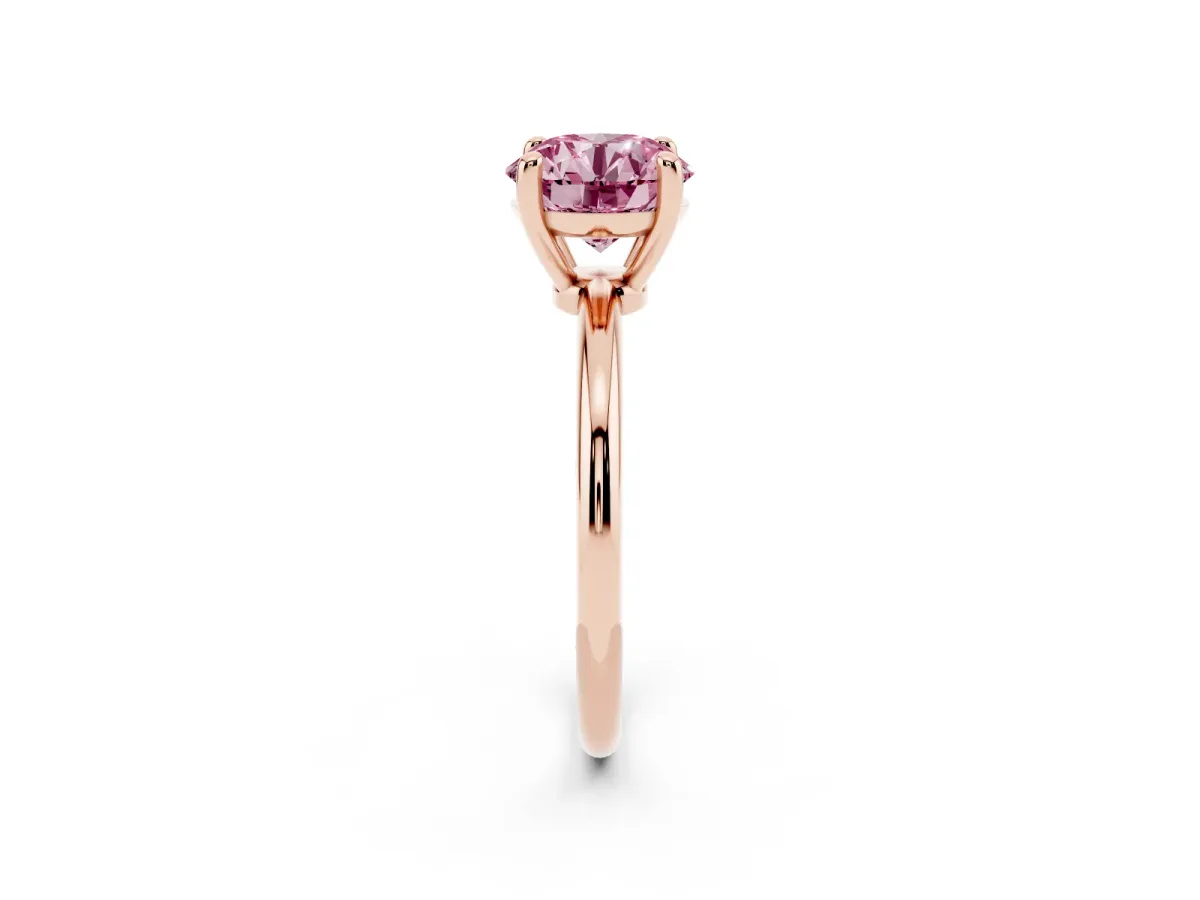 Fancy Pink Round Cut Solitaire Diamond Ring with 4-Prong Setting on a Classic Band Rose gold