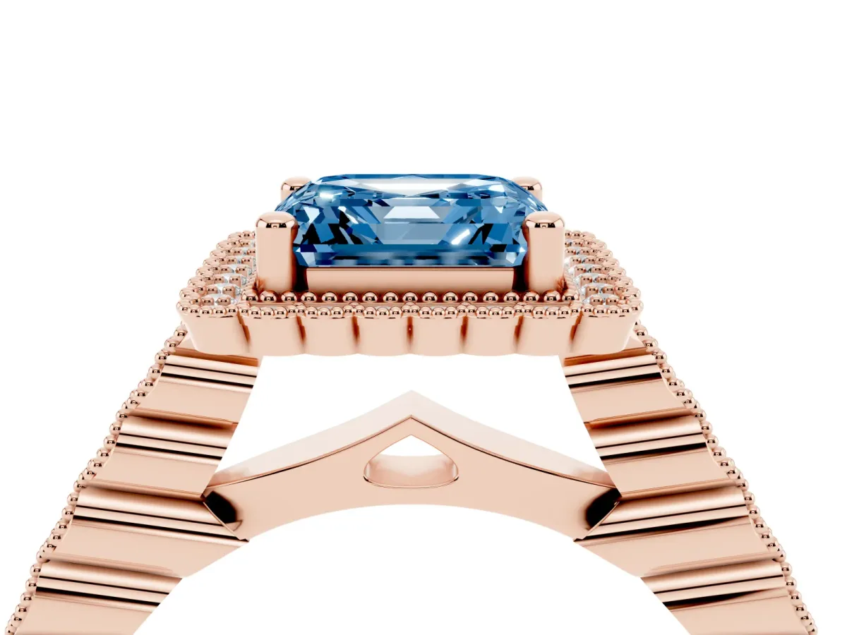 Fancy Blue Asscher Cut Cut Halo Pavé Solitaire Ring with Milgrain Band Rose gold