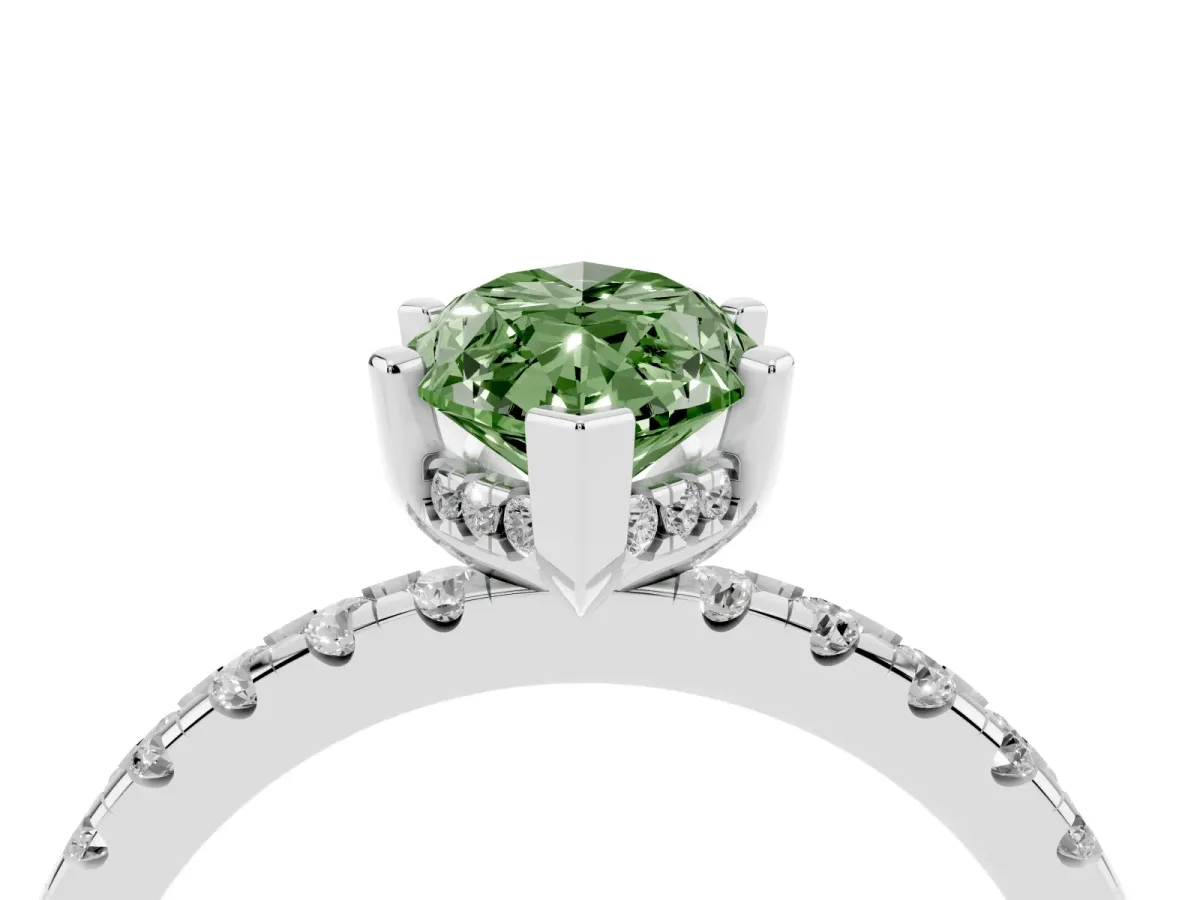 Fancy Green Marquise Cut Diamond Solitaire Ring with Round Pavé Band and Four-Prong Setting Silver