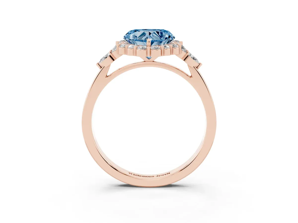 Fancy Blue Heart Cut Diamond Halo Ring with Pear Side Stones and Prong Setting Rose gold