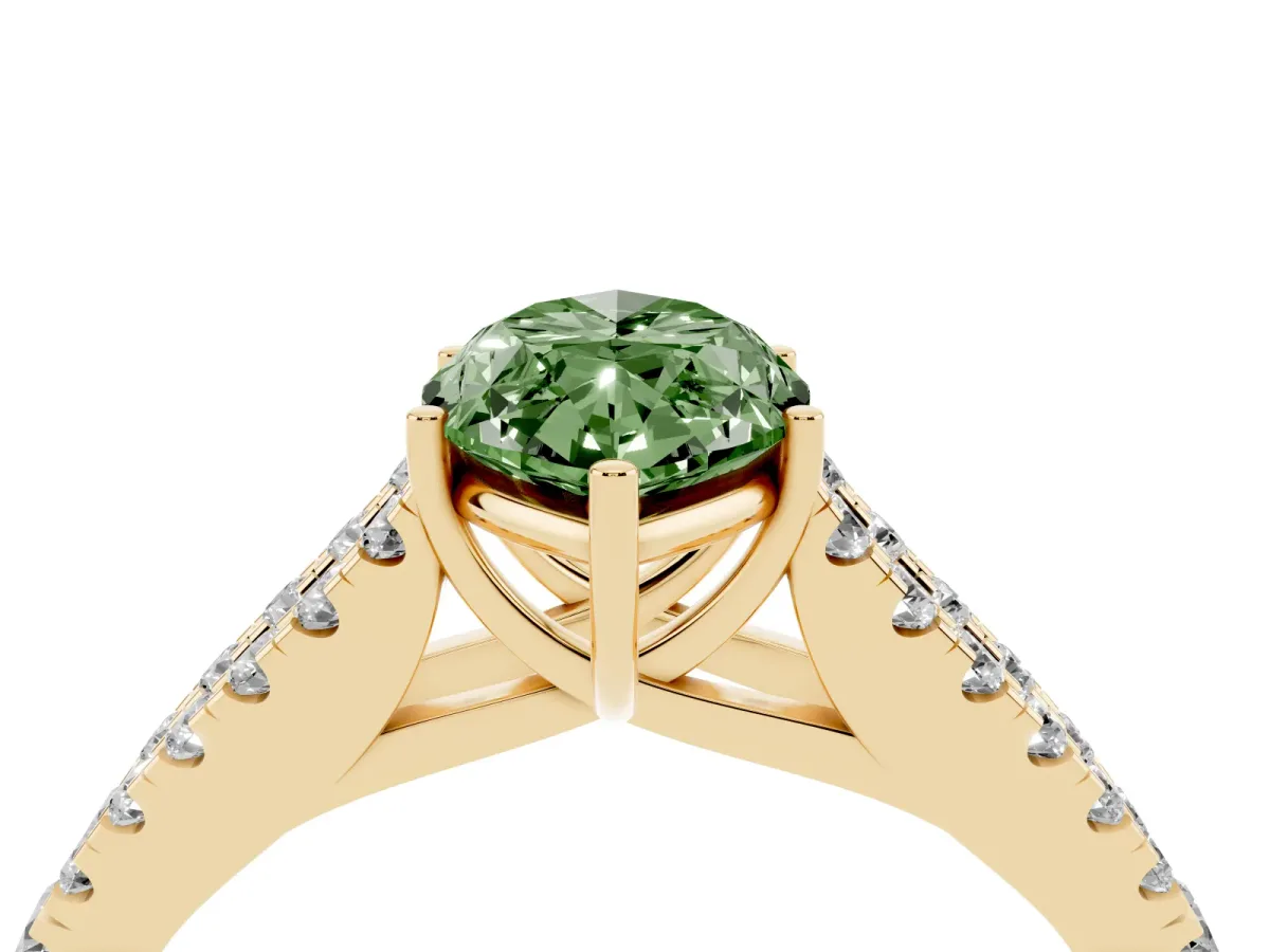 Fancy Green Marquise Cut Diamond Split Shank Engagement Ring with Round Pavé and Prong Setting Yellow gold