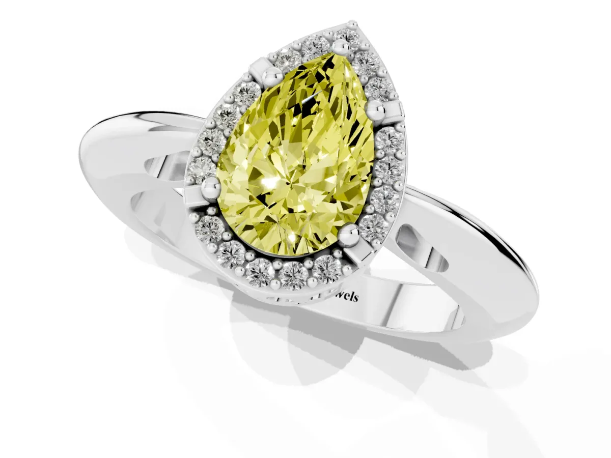 Fancy Yellow Pear Cut Cut Diamond Halo Engagement Ring with Split Shank and Four-Prong Setting Silver