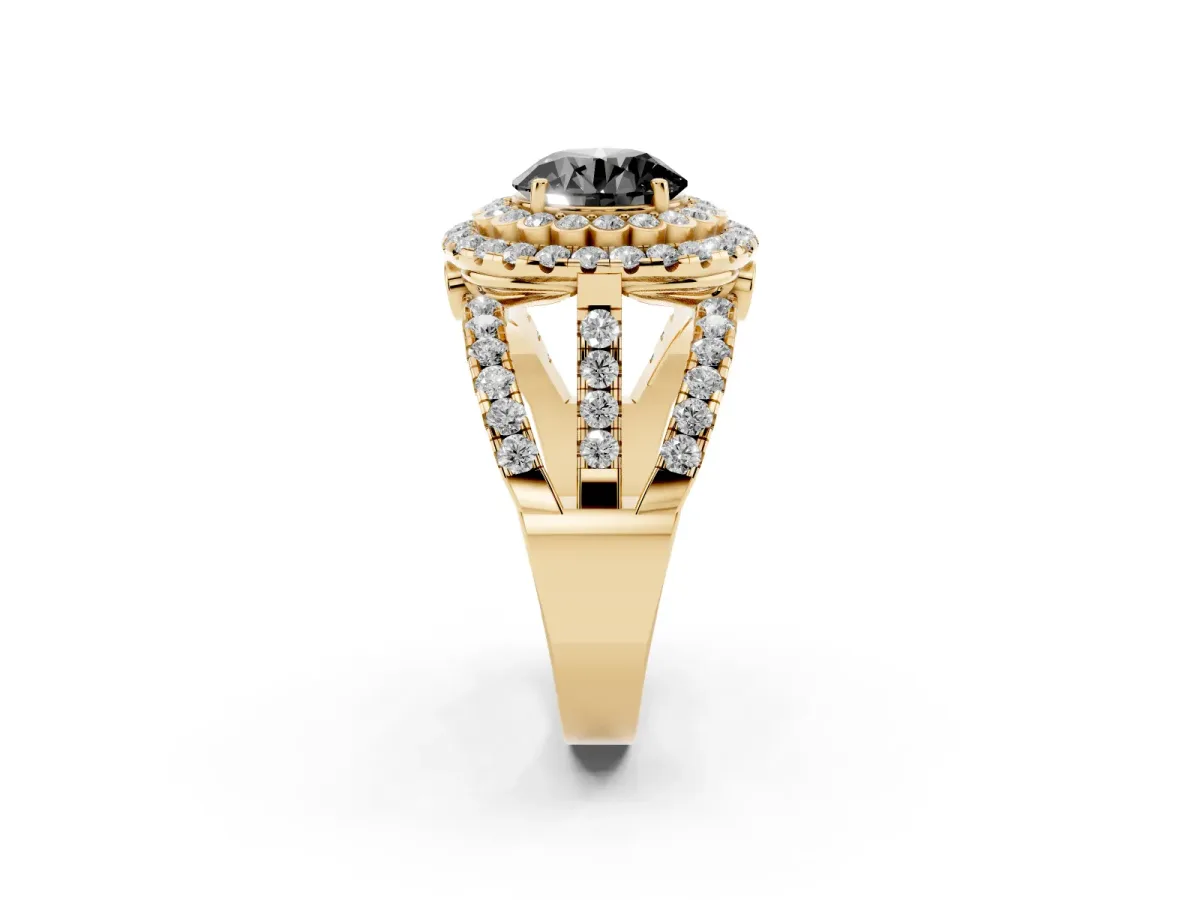 Fancy Black Round Cut Diamond Double Halo Ring with Round Pavé Split Shank and Prong Setting Yellow gold