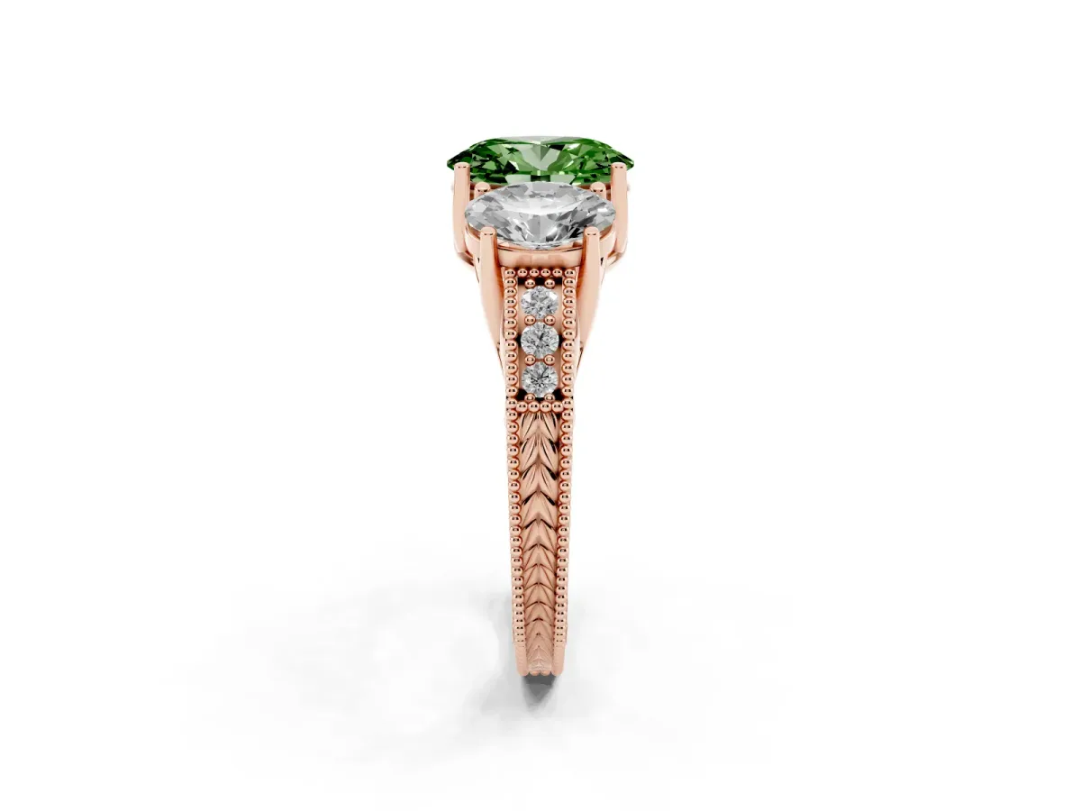 Fancy Green Three-Stone Oval Cut Cut Milgrain Pavé Engagement Ring Rose gold
