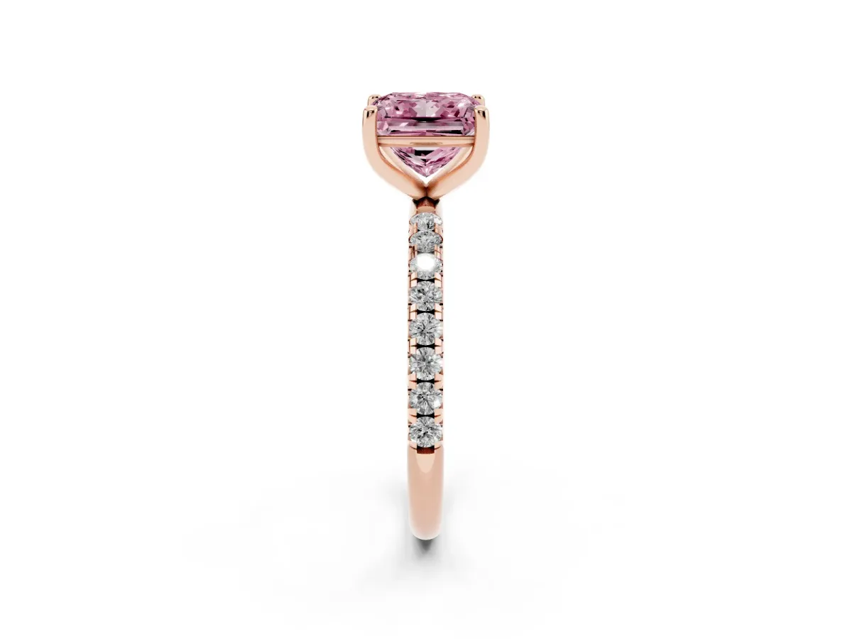 Fancy Pink Princess Cut Cut Diamond Solitaire Ring with Micro Pave Band and Four Prong Setting Rose gold