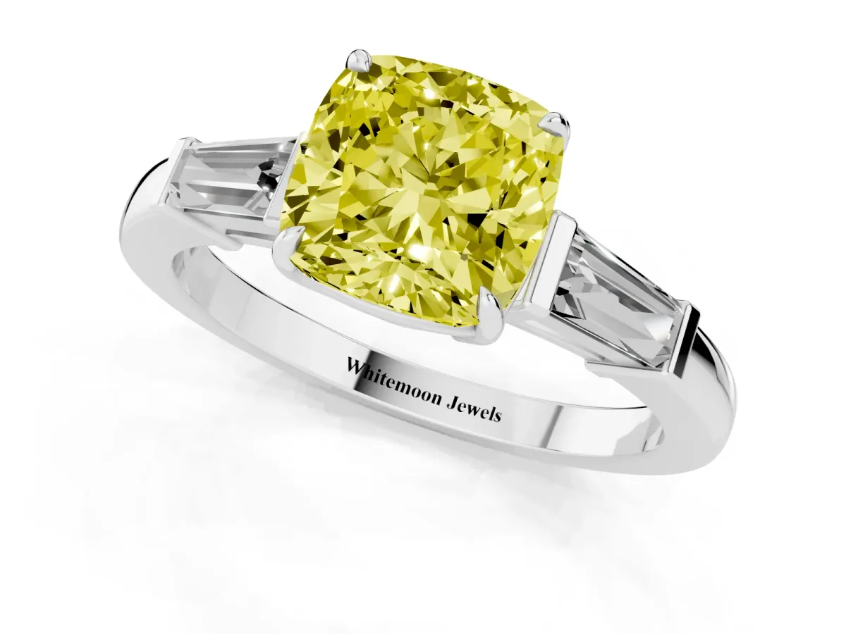 Fancy Yellow Cushion Cut Diamond Three-Stone Ring with Tapered Baguette Side Stones and Prong Setting Silver