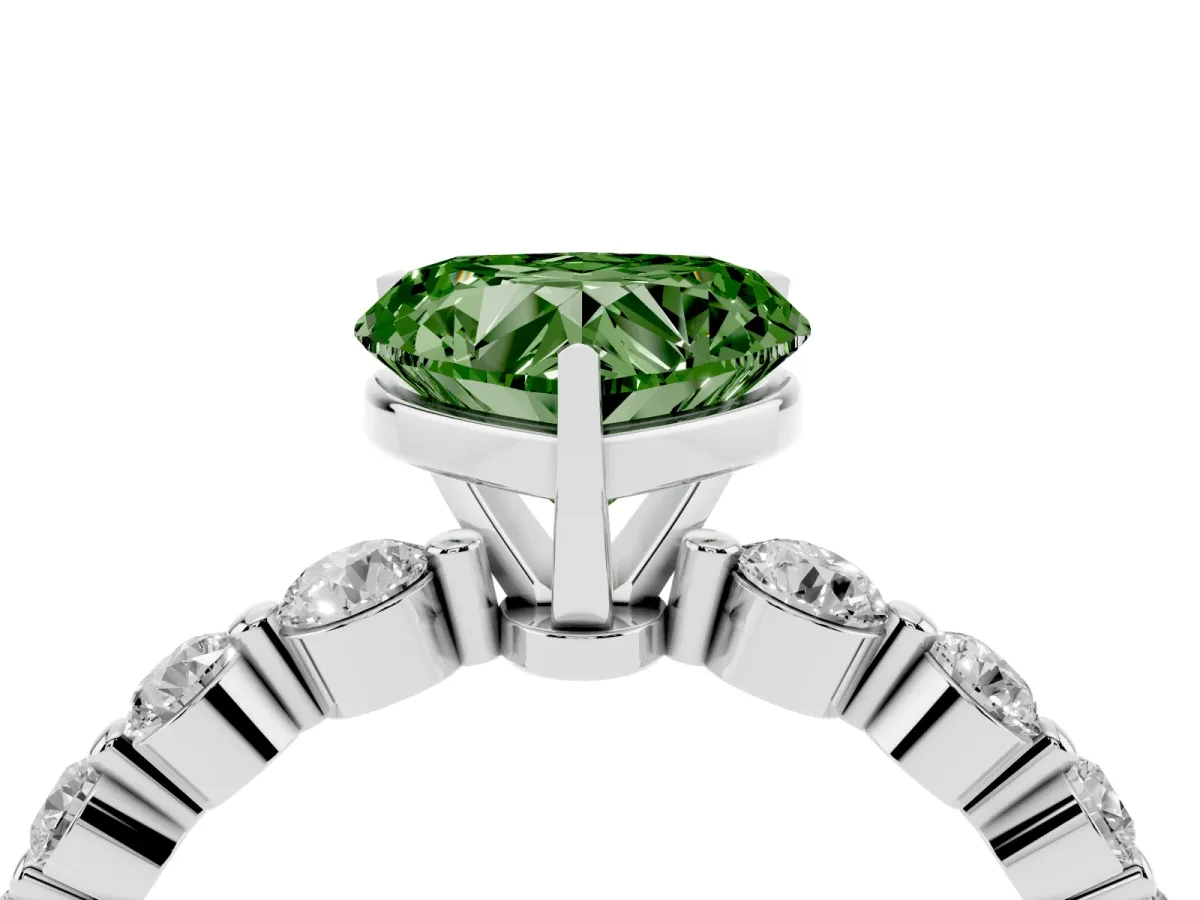 Fancy Green Heart Cut Solitaire Diamond Ring with Pave Band and Four-Prong Setting Silver