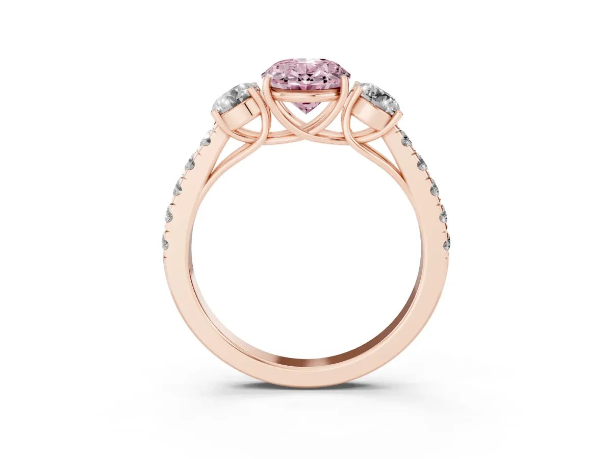 Fancy Pink Oval Cut Cut Diamond Three-Stone Ring with Round Side Stones and Pavé Band Rose gold