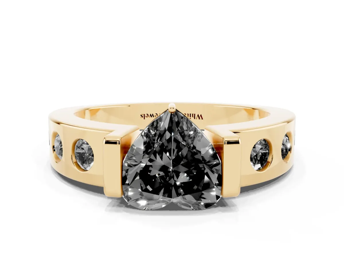 Fancy Black Heart Cut Brilliant Channel-Set Diamond Ring with Bezel Prong Setting Yellow gold
