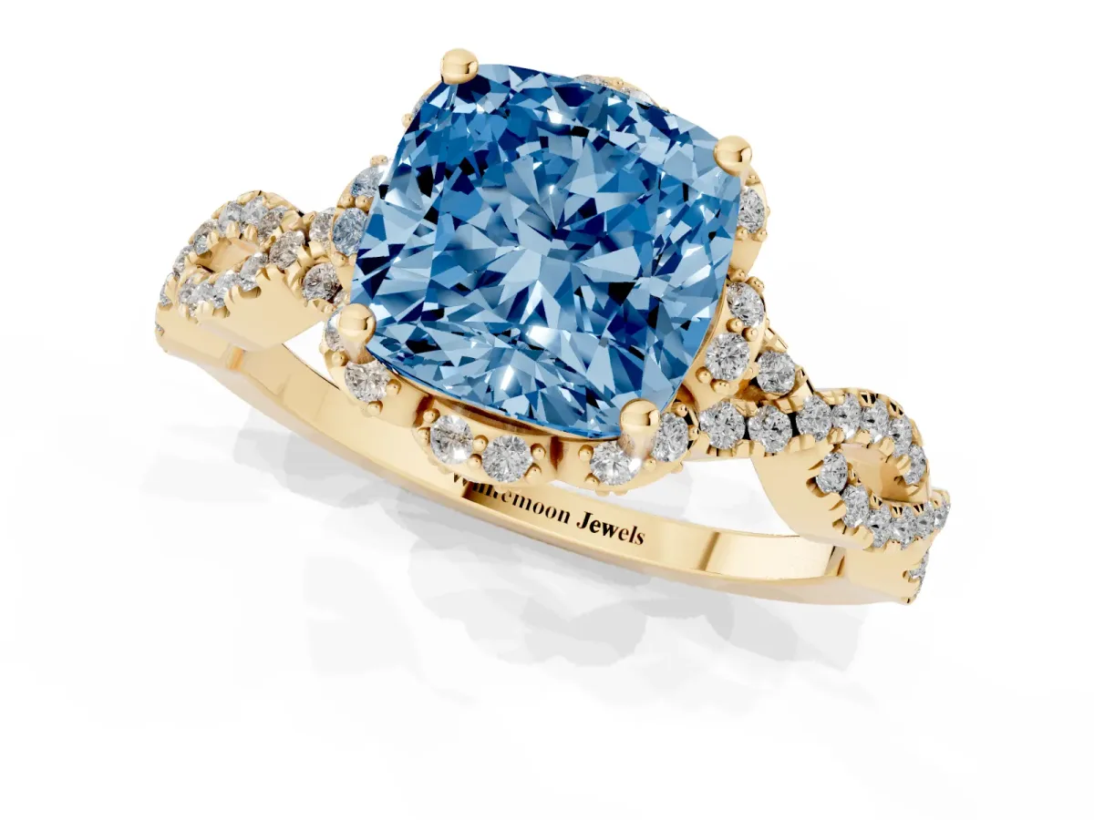 Fancy Blue Cushion Cut Halo Twist Band Solitaire Ring with Six-Prong Setting Yellow gold