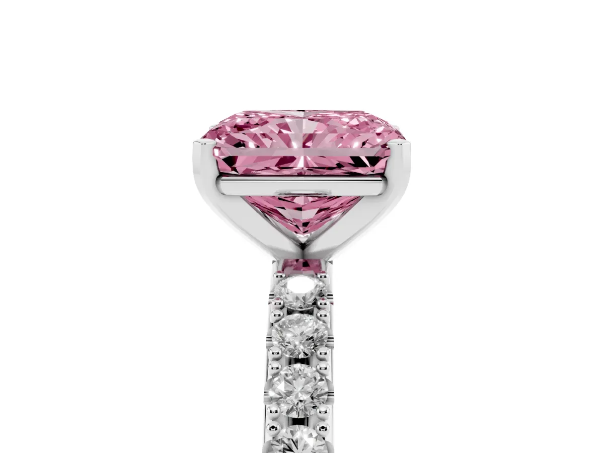 Fancy Pink Radiant Cut Diamond Solitaire Pavé Band with Four-Prong Setting Silver