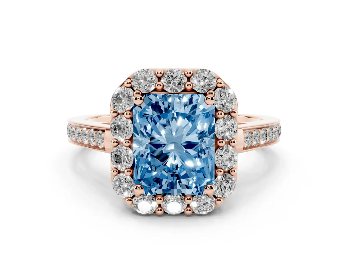 Fancy Blue Radiant Cut Diamond Floral Halo Ring with Pavé Band and Prong Setting Rose gold