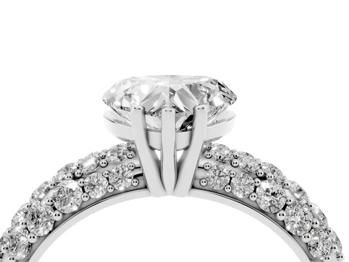 Heart Cut Diamond Pavé Band Solitaire Ring with Four-Prong Setting Silver