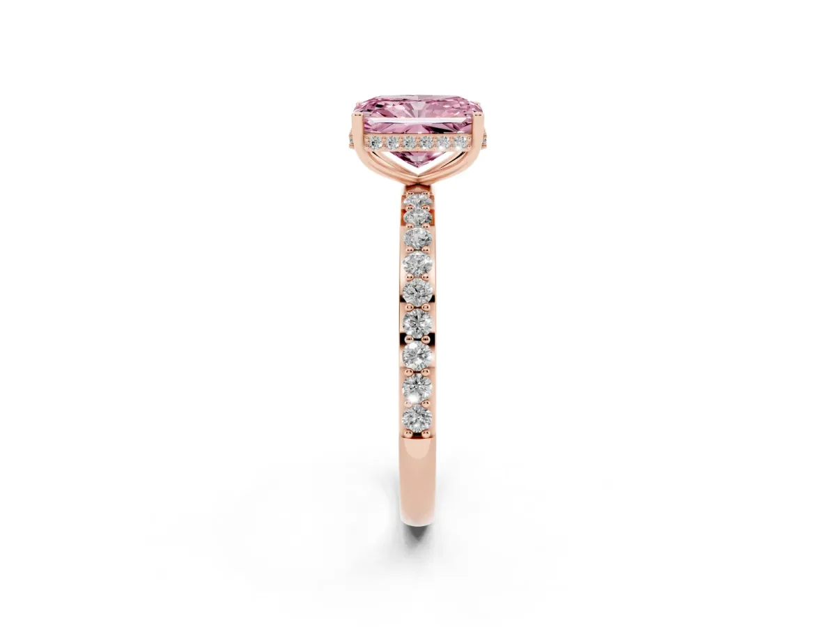 Fancy Pink Radiant Cut Diamond Solitaire Ring with Pavé Band and Hidden Halo Rose gold