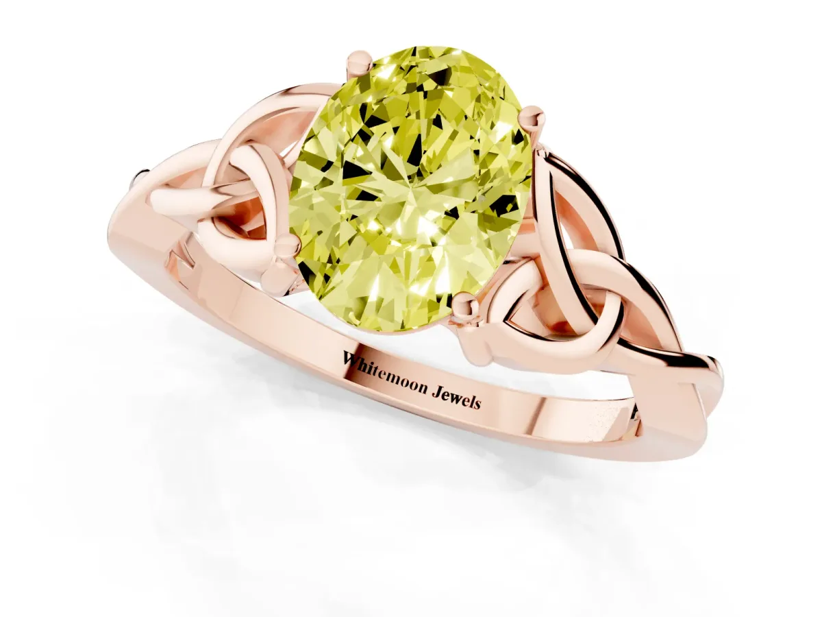 Fancy Yellow Oval Cut Diamond Solitaire Engagement Ring with Celtic Knot Band and Four-Prong Setting Rose gold
