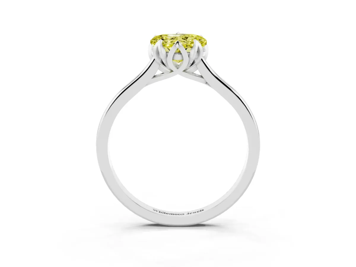 Fancy Yellow Heart Cut Diamond Solitaire Ring with Flower Prong Setting and Classic Band Silver