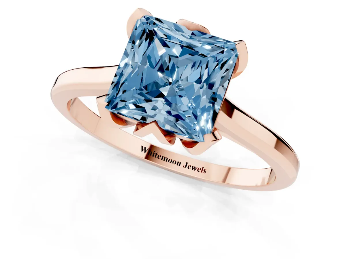 Fancy Blue Princess Cut Diamond Solitaire Ring with Flower Prong Setting and Classic Band Rose gold